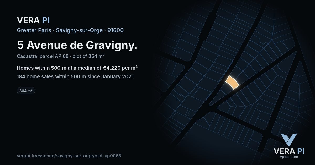 5 Avenue de Gravigny, Savigny-sur-Orge at night – the plot lit, the parcels around coloured by the prices near them
