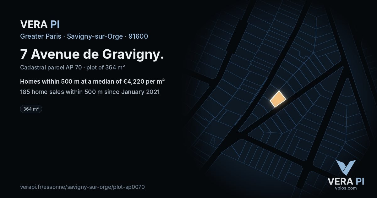 7 Avenue de Gravigny, Savigny-sur-Orge at night – the plot lit, the parcels around coloured by the prices near them