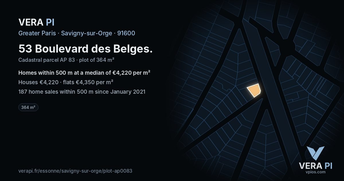 53 Boulevard des Belges, Savigny-sur-Orge at night – the plot lit, the parcels around coloured by the prices near them