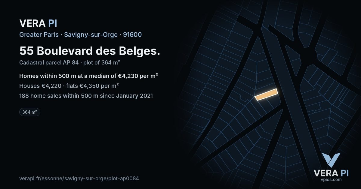 55 Boulevard des Belges, Savigny-sur-Orge at night – the plot lit, the parcels around coloured by the prices near them