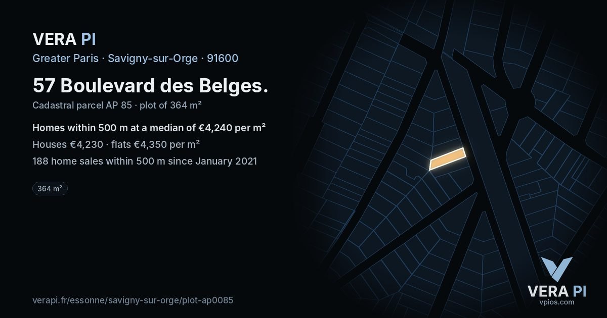 57 Boulevard des Belges, Savigny-sur-Orge at night – the plot lit, the parcels around coloured by the prices near them
