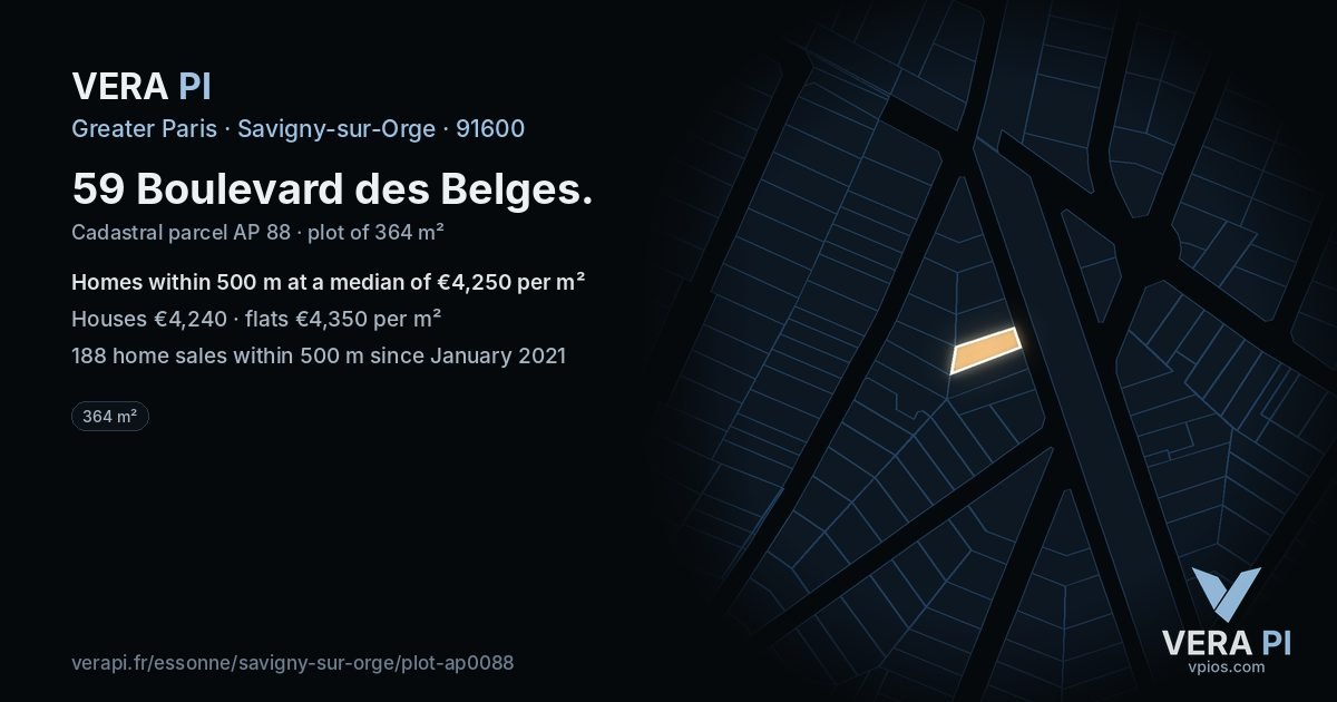 59 Boulevard des Belges, Savigny-sur-Orge at night – the plot lit, the parcels around coloured by the prices near them