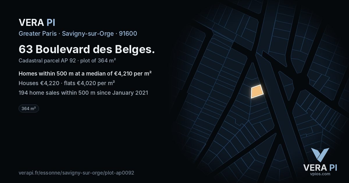 63 Boulevard des Belges, Savigny-sur-Orge at night – the plot lit, the parcels around coloured by the prices near them