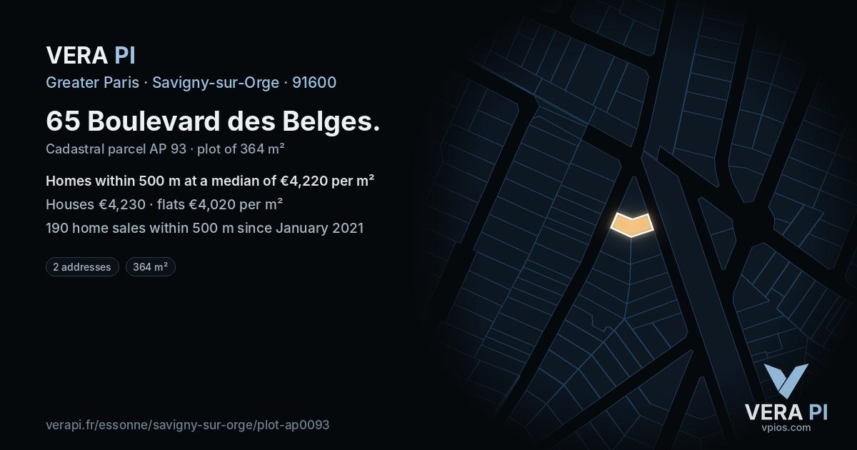 65 Boulevard des Belges, Savigny-sur-Orge at night – the plot lit, the parcels around coloured by the prices near them
