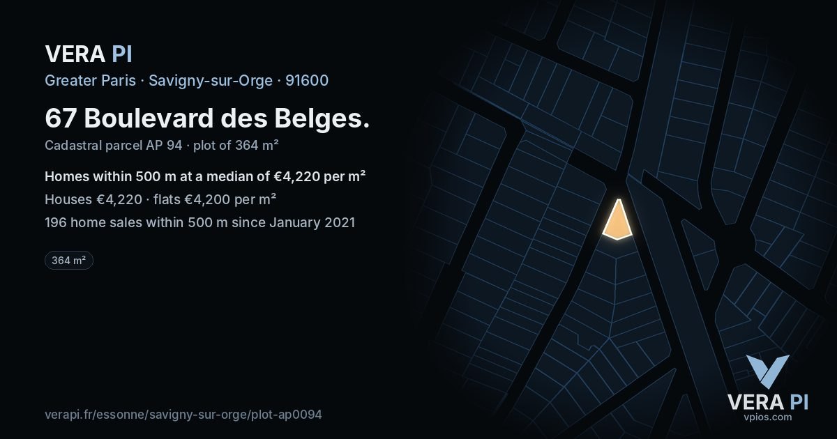 67 Boulevard des Belges, Savigny-sur-Orge at night – the plot lit, the parcels around coloured by the prices near them