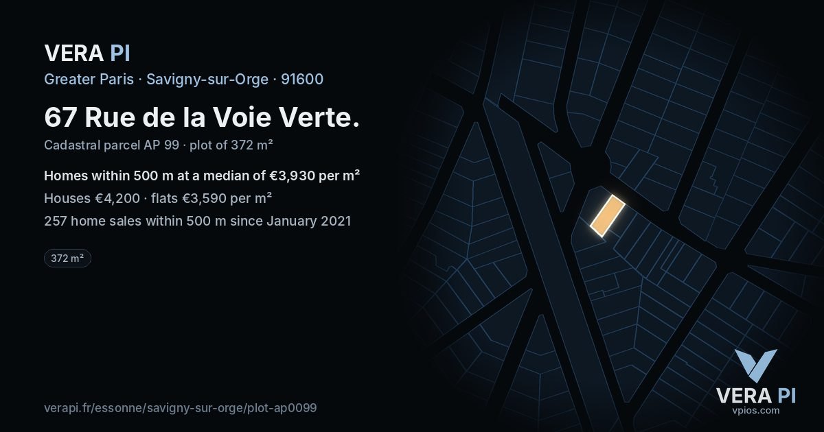 67 Rue de la Voie Verte, Savigny-sur-Orge at night – the plot lit, the parcels around coloured by the prices near them
