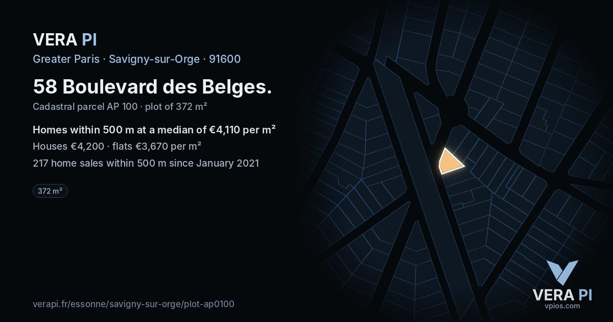 58 Boulevard des Belges, Savigny-sur-Orge at night – the plot lit, the parcels around coloured by the prices near them
