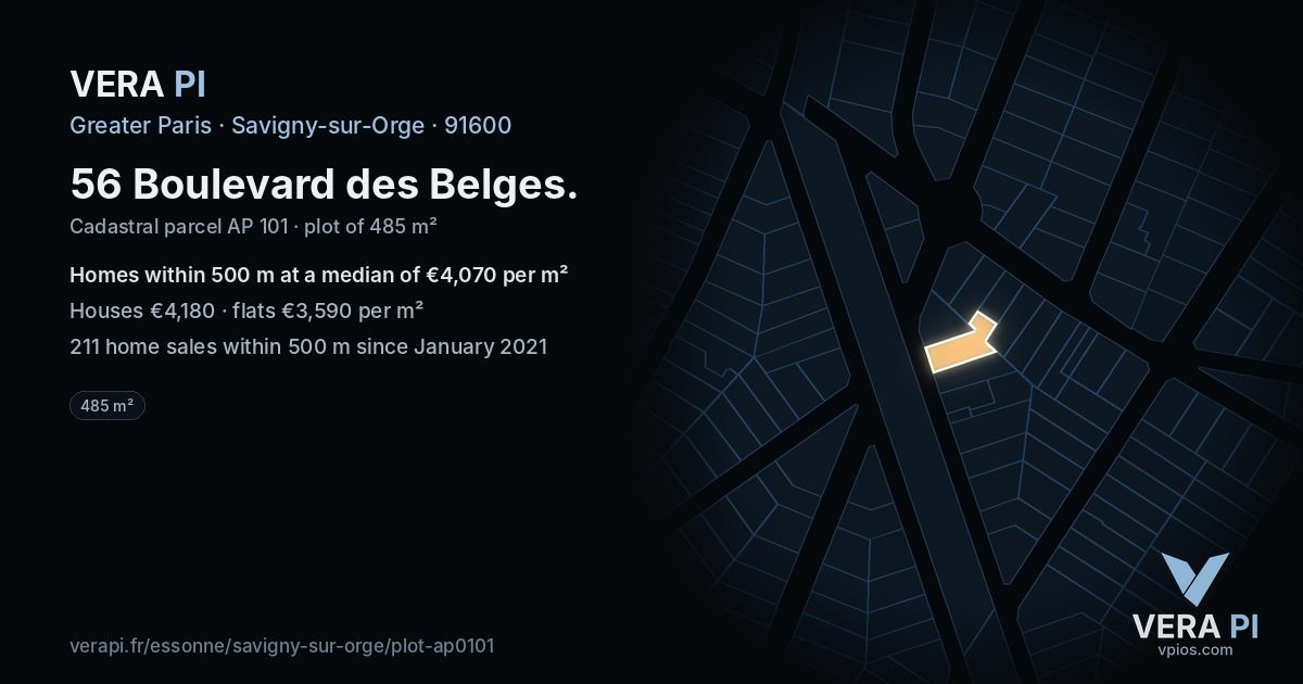 56 Boulevard des Belges, Savigny-sur-Orge at night – the plot lit, the parcels around coloured by the prices near them