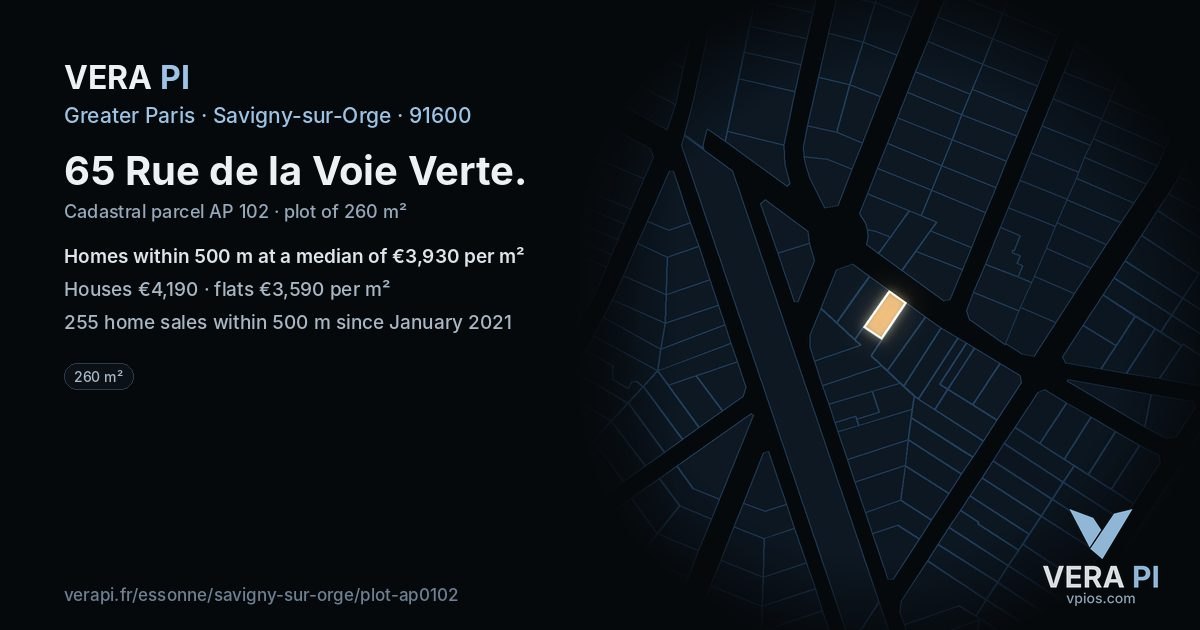 65 Rue de la Voie Verte, Savigny-sur-Orge at night – the plot lit, the parcels around coloured by the prices near them