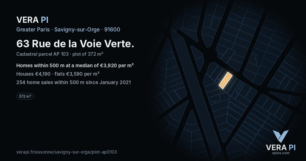 63 Rue de la Voie Verte, Savigny-sur-Orge at night – the plot lit, the parcels around coloured by the prices near them