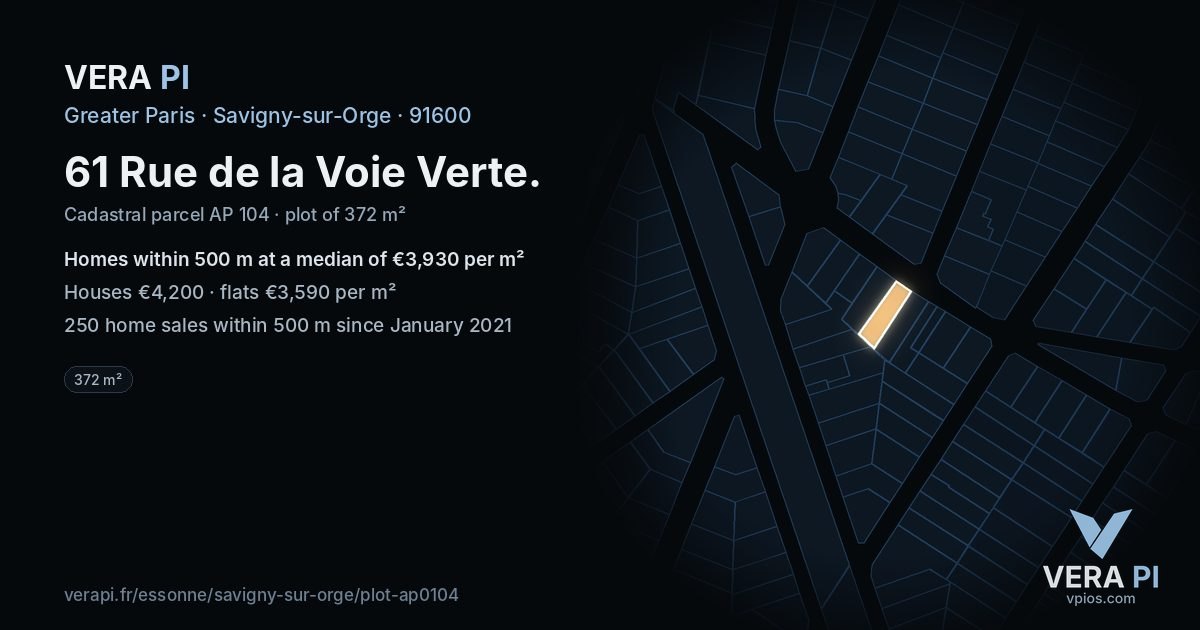 61 Rue de la Voie Verte, Savigny-sur-Orge at night – the plot lit, the parcels around coloured by the prices near them