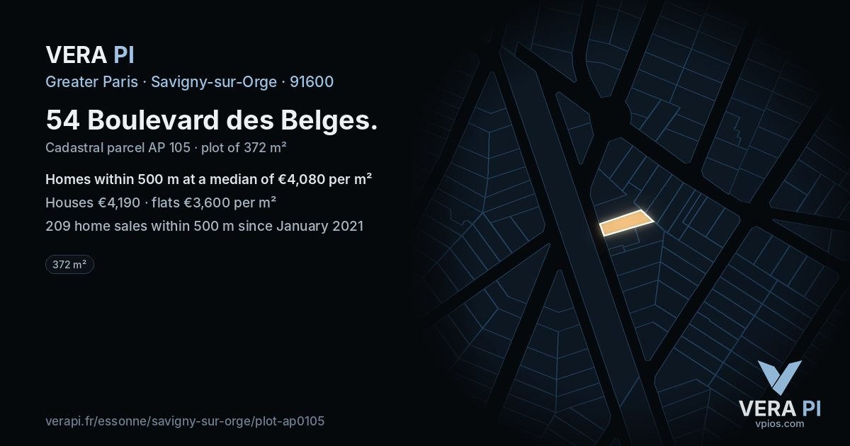 54 Boulevard des Belges, Savigny-sur-Orge at night – the plot lit, the parcels around coloured by the prices near them