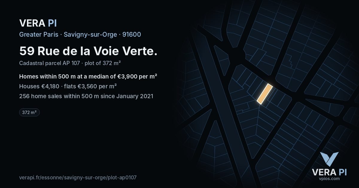 59 Rue de la Voie Verte, Savigny-sur-Orge at night – the plot lit, the parcels around coloured by the prices near them