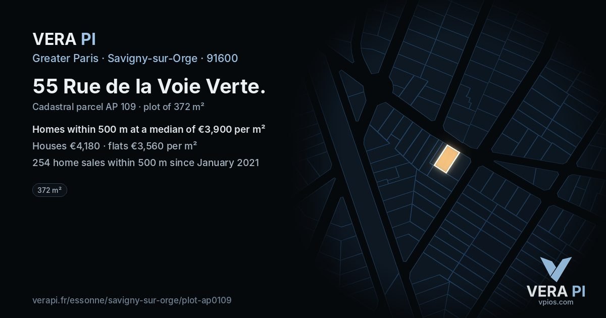 55 Rue de la Voie Verte, Savigny-sur-Orge at night – the plot lit, the parcels around coloured by the prices near them