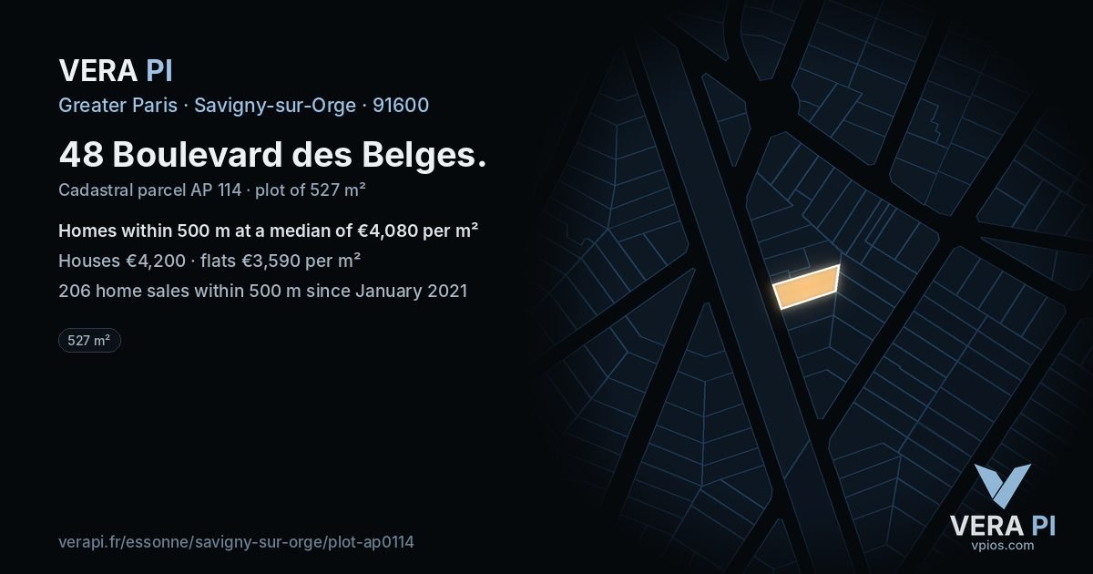 48 Boulevard des Belges, Savigny-sur-Orge at night – the plot lit, the parcels around coloured by the prices near them