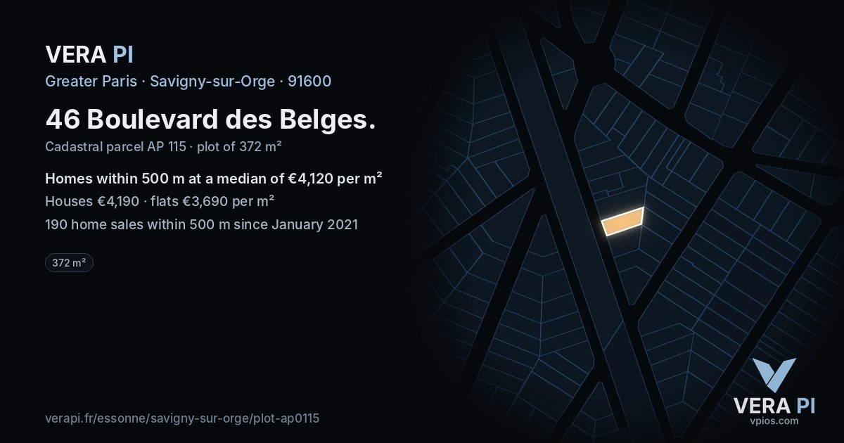 46 Boulevard des Belges, Savigny-sur-Orge at night – the plot lit, the parcels around coloured by the prices near them