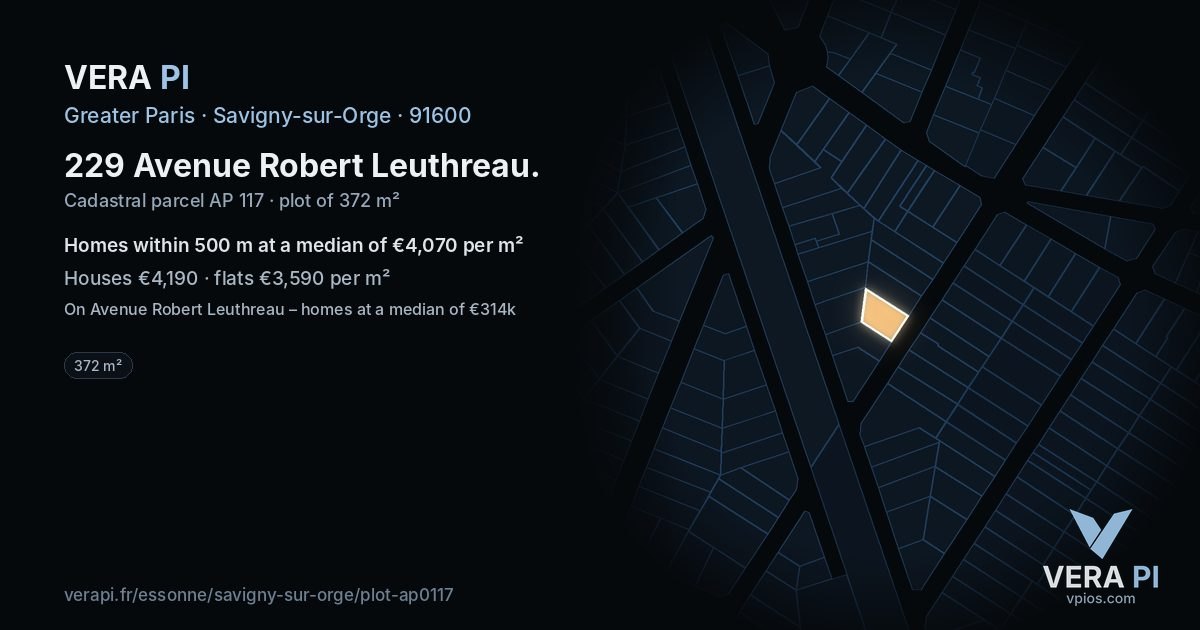 229 Avenue Robert Leuthreau, Savigny-sur-Orge at night – the plot lit, the parcels around coloured by the prices near them