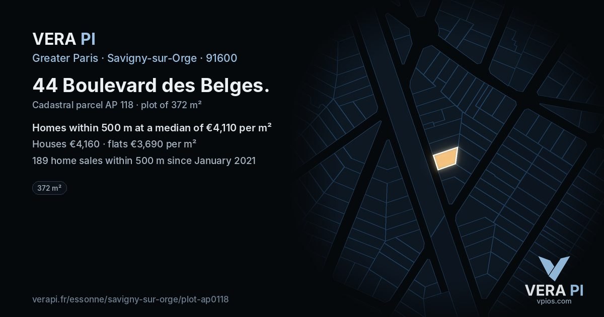44 Boulevard des Belges, Savigny-sur-Orge at night – the plot lit, the parcels around coloured by the prices near them