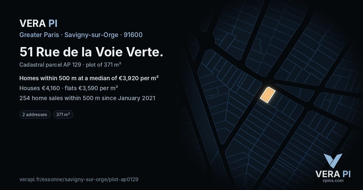 51 Rue de la Voie Verte, Savigny-sur-Orge at night – the plot lit, the parcels around coloured by the prices near them