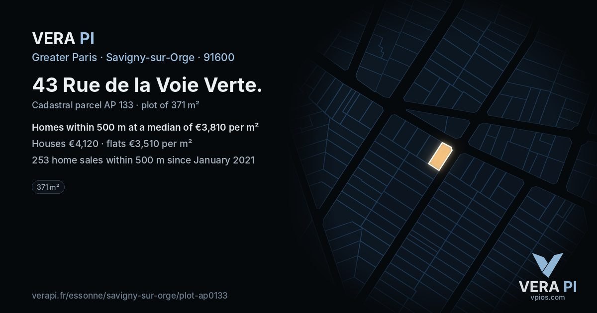 43 Rue de la Voie Verte, Savigny-sur-Orge at night – the plot lit, the parcels around coloured by the prices near them