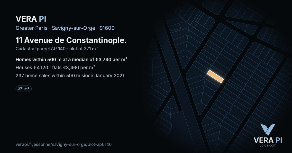 11 Avenue de Constantinople, Savigny-sur-Orge at night – the plot lit, the parcels around coloured by the prices near them