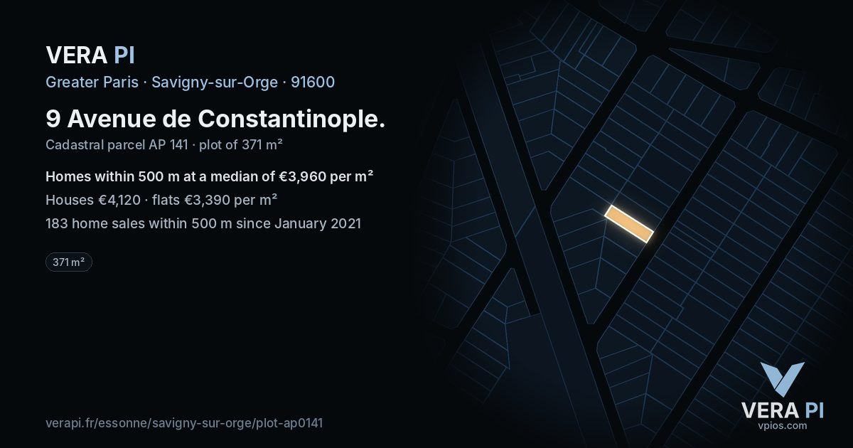 9 Avenue de Constantinople, Savigny-sur-Orge at night – the plot lit, the parcels around coloured by the prices near them