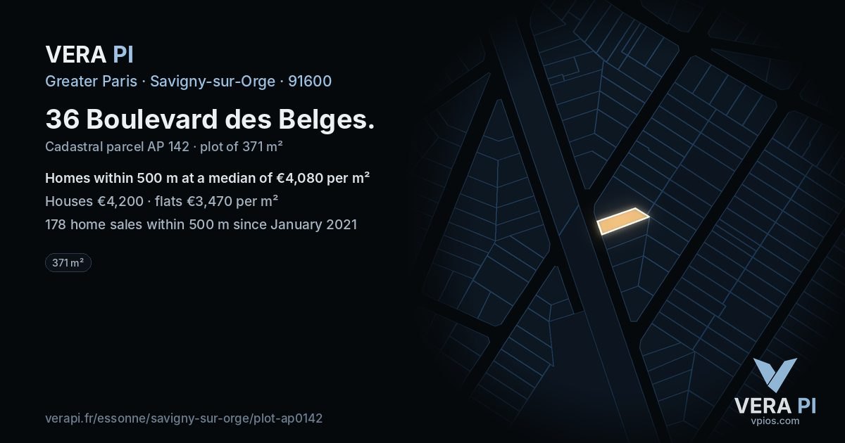 36 Boulevard des Belges, Savigny-sur-Orge at night – the plot lit, the parcels around coloured by the prices near them