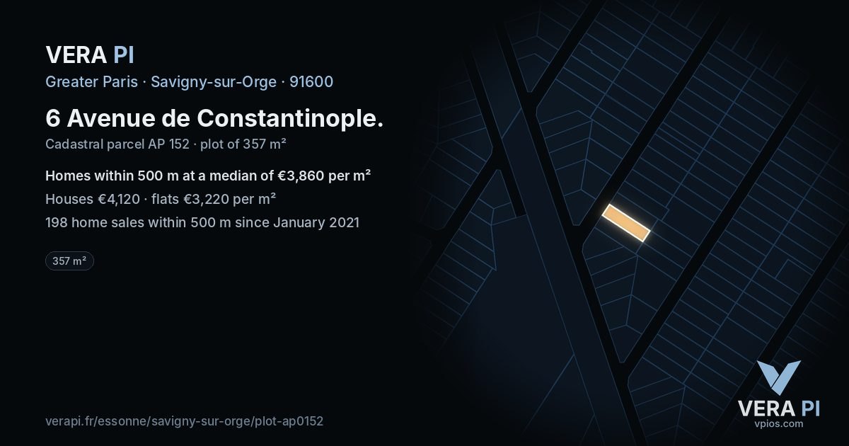 6 Avenue de Constantinople, Savigny-sur-Orge at night – the plot lit, the parcels around coloured by the prices near them