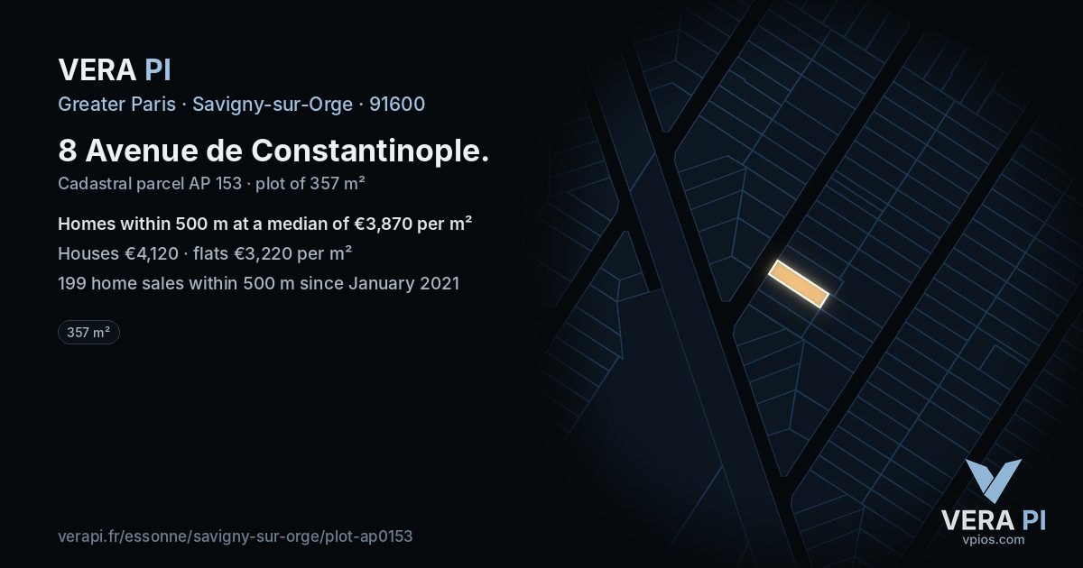 8 Avenue de Constantinople, Savigny-sur-Orge at night – the plot lit, the parcels around coloured by the prices near them