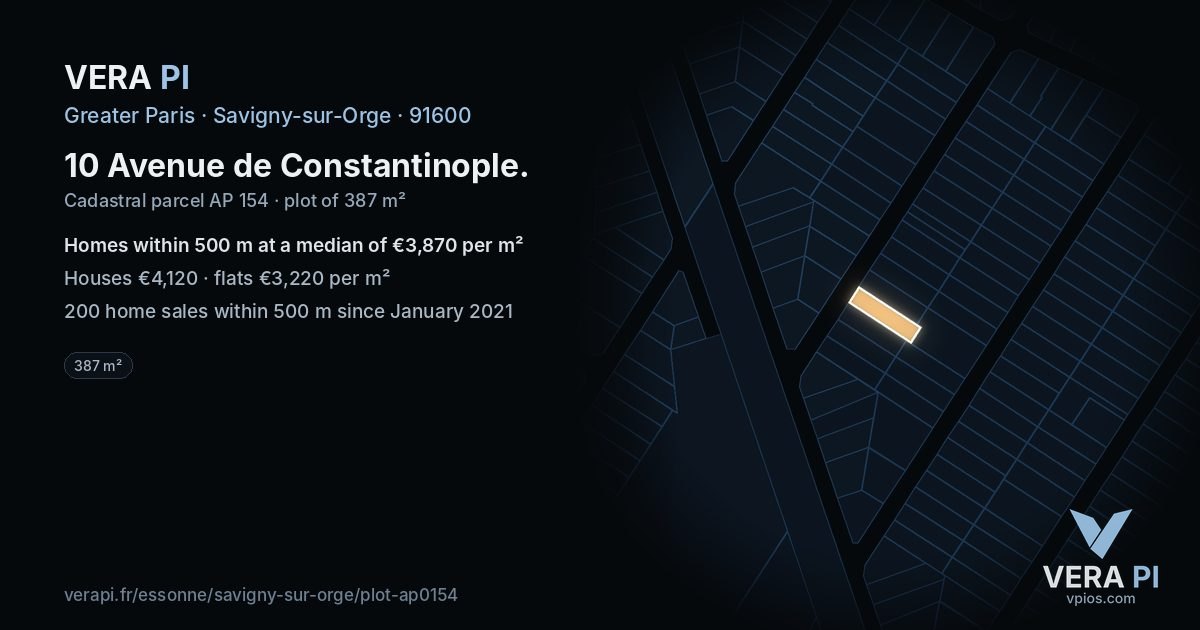 10 Avenue de Constantinople, Savigny-sur-Orge at night – the plot lit, the parcels around coloured by the prices near them