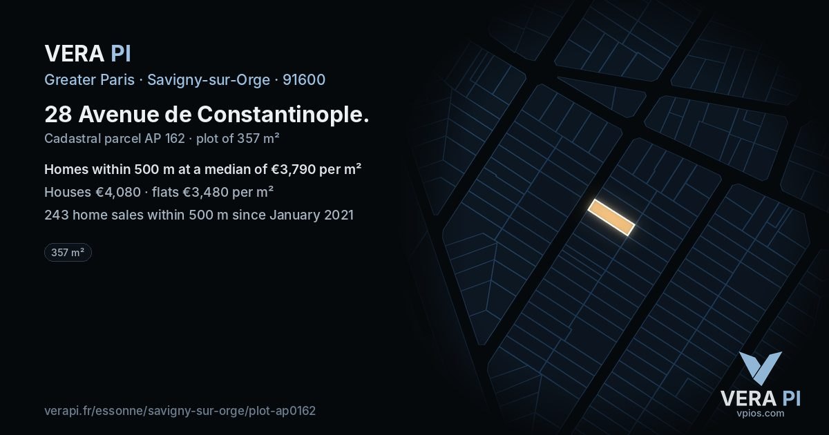 28 Avenue de Constantinople, Savigny-sur-Orge at night – the plot lit, the parcels around coloured by the prices near them