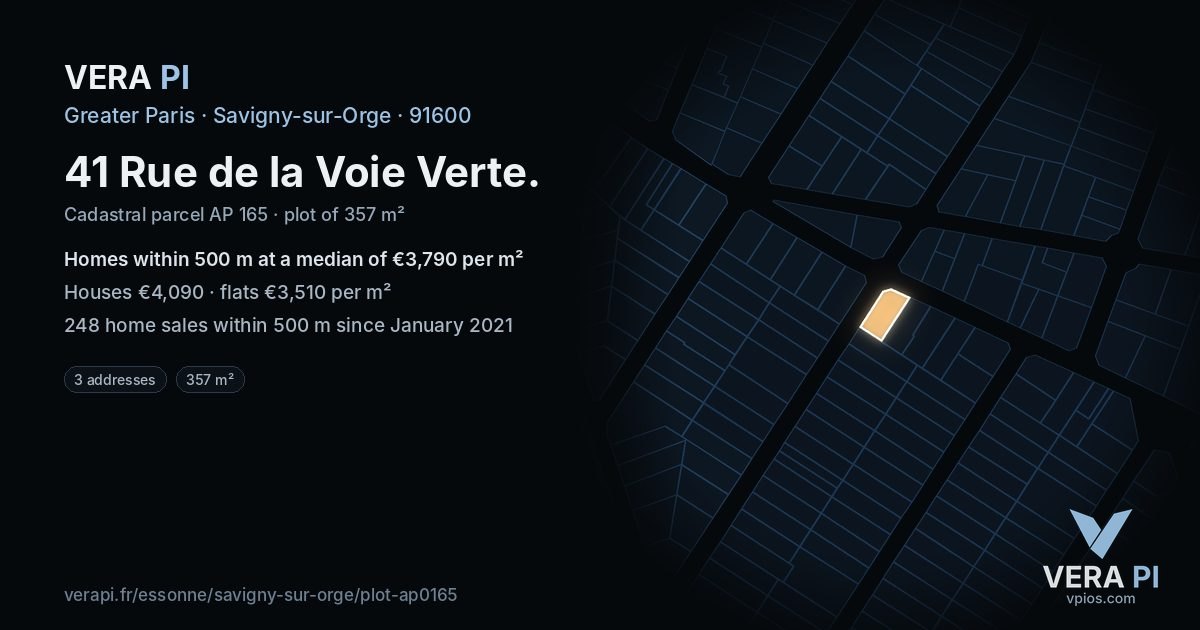 41 Rue de la Voie Verte, Savigny-sur-Orge at night – the plot lit, the parcels around coloured by the prices near them