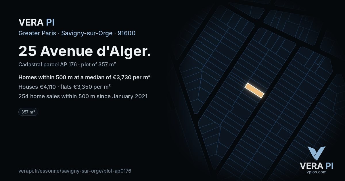 25 Avenue d'Alger, Savigny-sur-Orge at night – the plot lit, the parcels around coloured by the prices near them