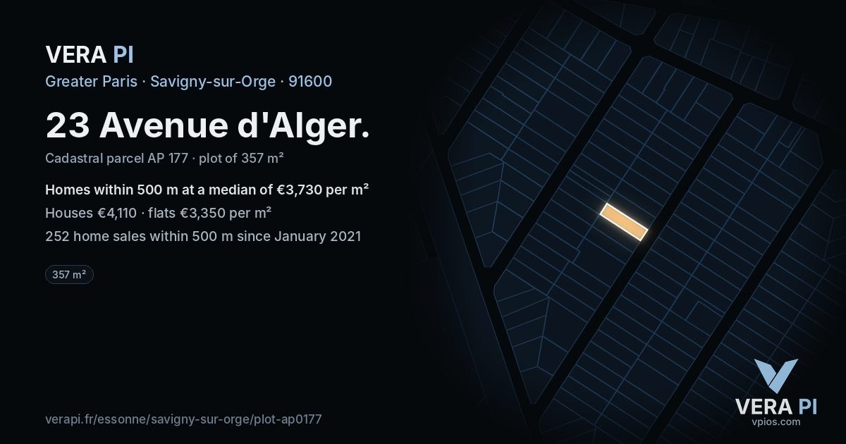 23 Avenue d'Alger, Savigny-sur-Orge at night – the plot lit, the parcels around coloured by the prices near them