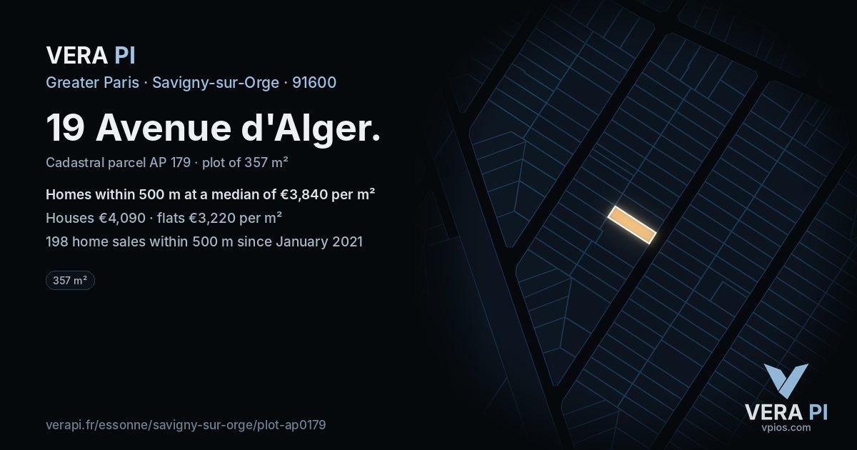 19 Avenue d'Alger, Savigny-sur-Orge at night – the plot lit, the parcels around coloured by the prices near them