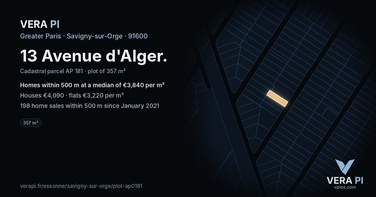 13 Avenue d'Alger, Savigny-sur-Orge at night – the plot lit, the parcels around coloured by the prices near them