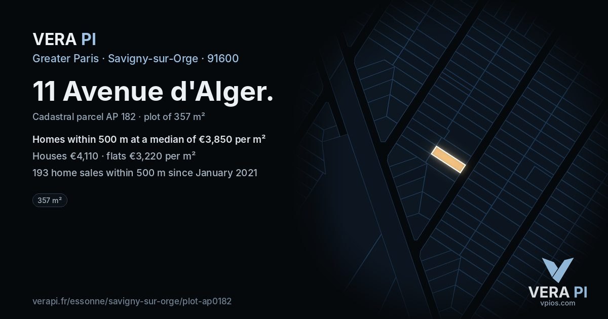 11 Avenue d'Alger, Savigny-sur-Orge at night – the plot lit, the parcels around coloured by the prices near them