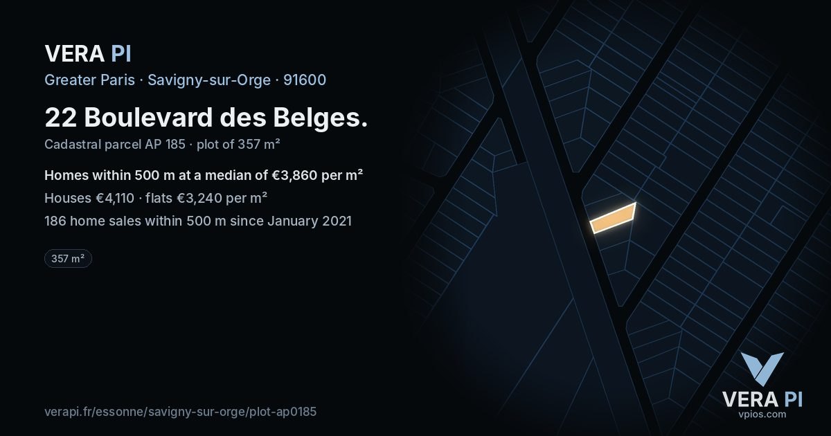 22 Boulevard des Belges, Savigny-sur-Orge at night – the plot lit, the parcels around coloured by the prices near them
