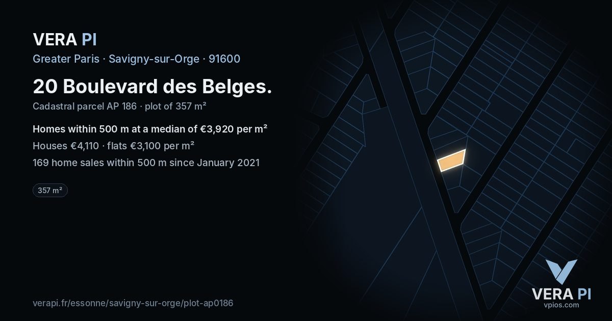 20 Boulevard des Belges, Savigny-sur-Orge at night – the plot lit, the parcels around coloured by the prices near them