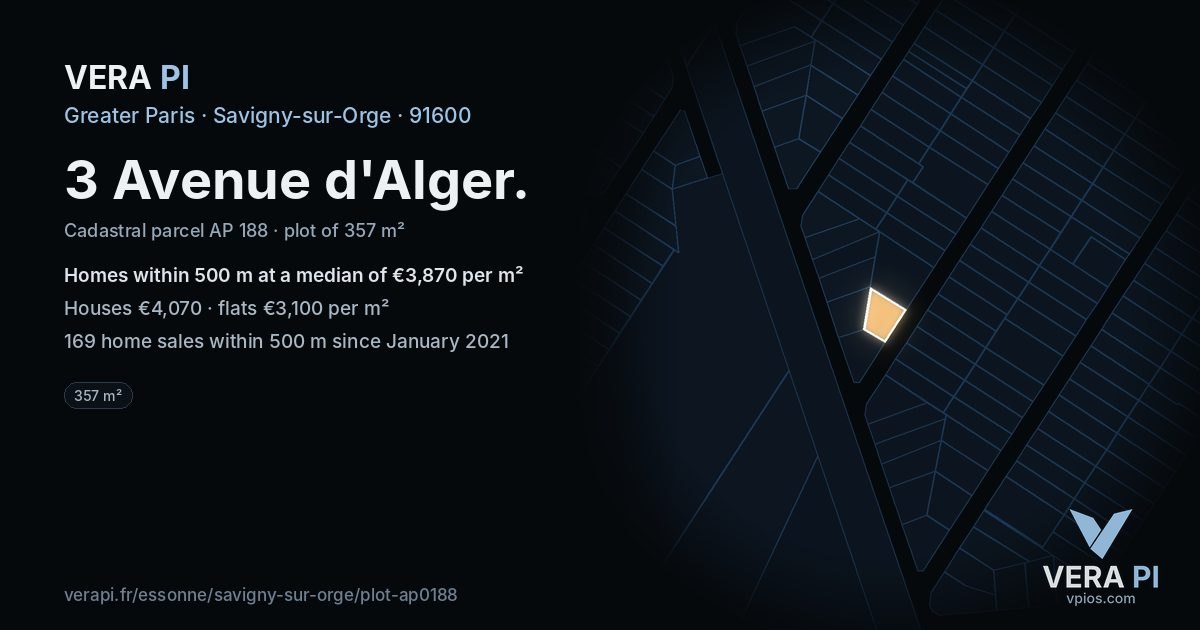 3 Avenue d'Alger, Savigny-sur-Orge at night – the plot lit, the parcels around coloured by the prices near them