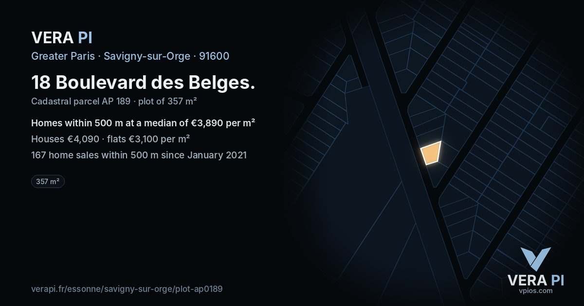 18 Boulevard des Belges, Savigny-sur-Orge at night – the plot lit, the parcels around coloured by the prices near them
