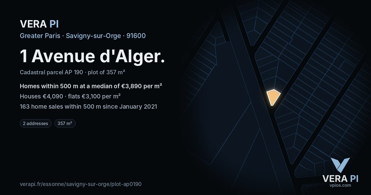 1 Avenue d'Alger, Savigny-sur-Orge at night – the plot lit, the parcels around coloured by the prices near them