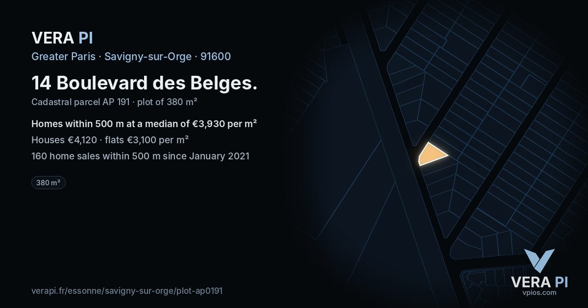 14 Boulevard des Belges, Savigny-sur-Orge at night – the plot lit, the parcels around coloured by the prices near them
