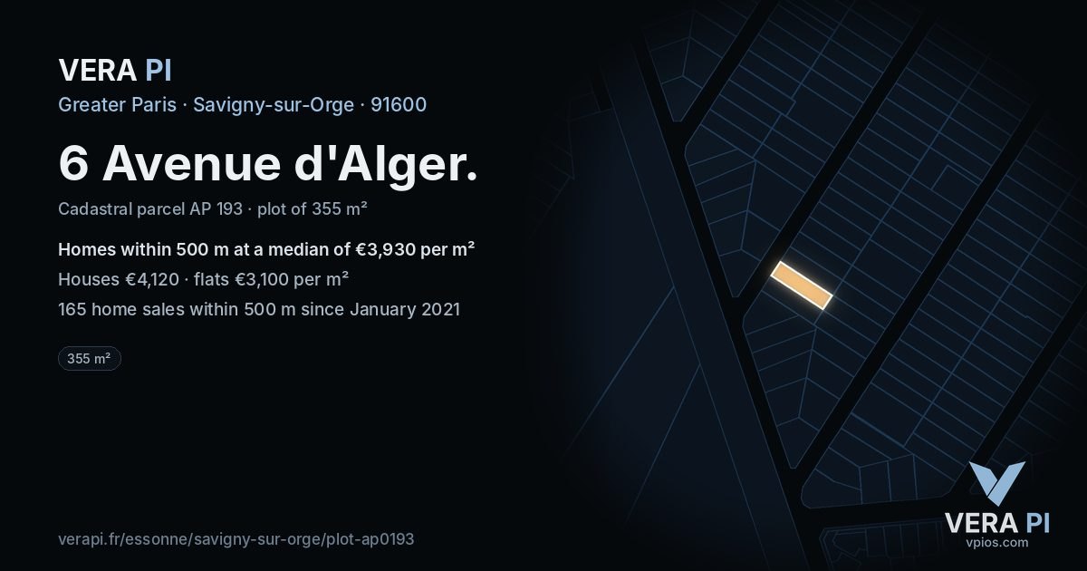 6 Avenue d'Alger, Savigny-sur-Orge at night – the plot lit, the parcels around coloured by the prices near them