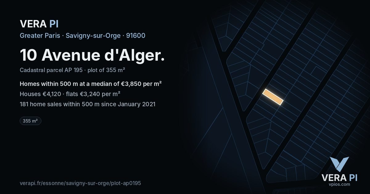 10 Avenue d'Alger, Savigny-sur-Orge at night – the plot lit, the parcels around coloured by the prices near them