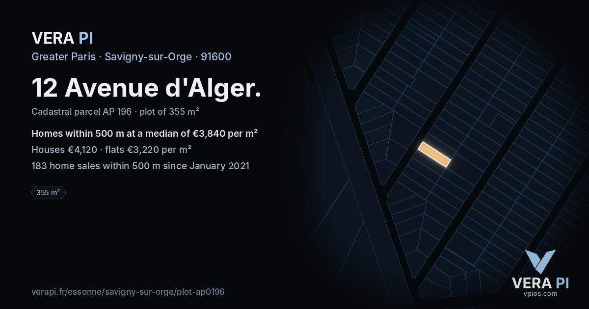 12 Avenue d'Alger, Savigny-sur-Orge at night – the plot lit, the parcels around coloured by the prices near them