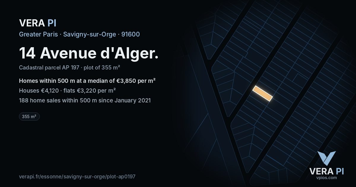 14 Avenue d'Alger, Savigny-sur-Orge at night – the plot lit, the parcels around coloured by the prices near them