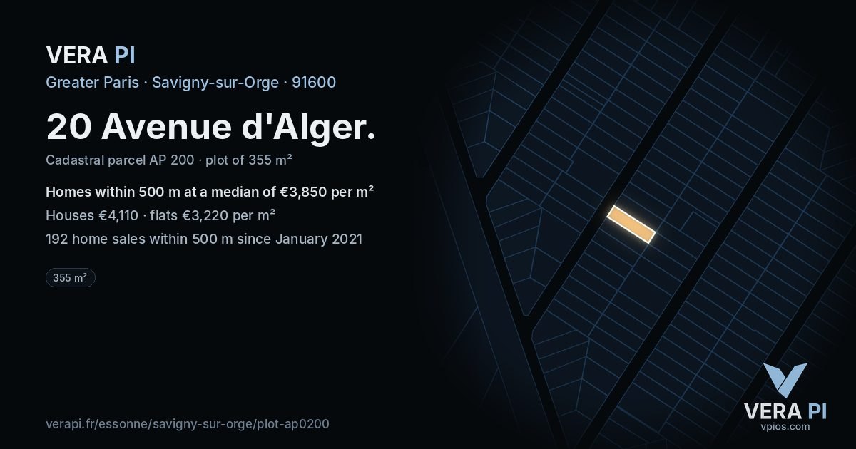 20 Avenue d'Alger, Savigny-sur-Orge at night – the plot lit, the parcels around coloured by the prices near them