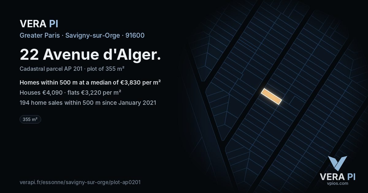 22 Avenue d'Alger, Savigny-sur-Orge at night – the plot lit, the parcels around coloured by the prices near them