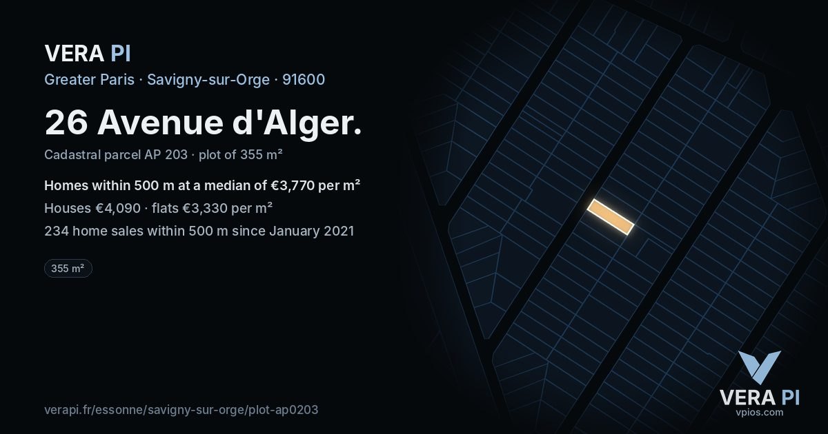 26 Avenue d'Alger, Savigny-sur-Orge at night – the plot lit, the parcels around coloured by the prices near them